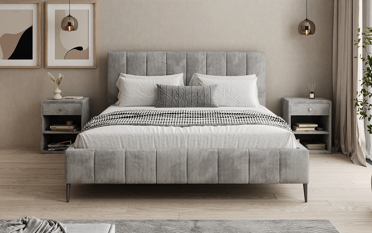 Designer gestoffeerd bed Astrid in Ribstof met opbergruimte