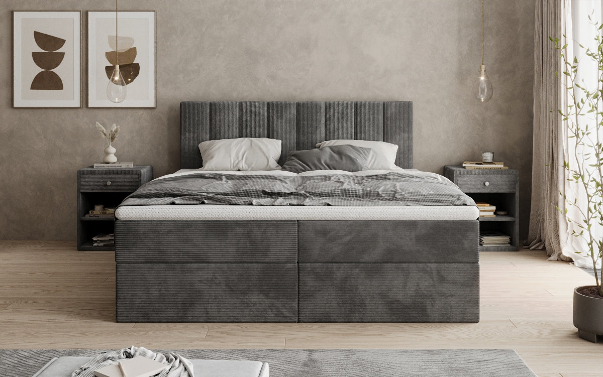 Lit boxspring Sofia en Côtelé avec espace de rangement