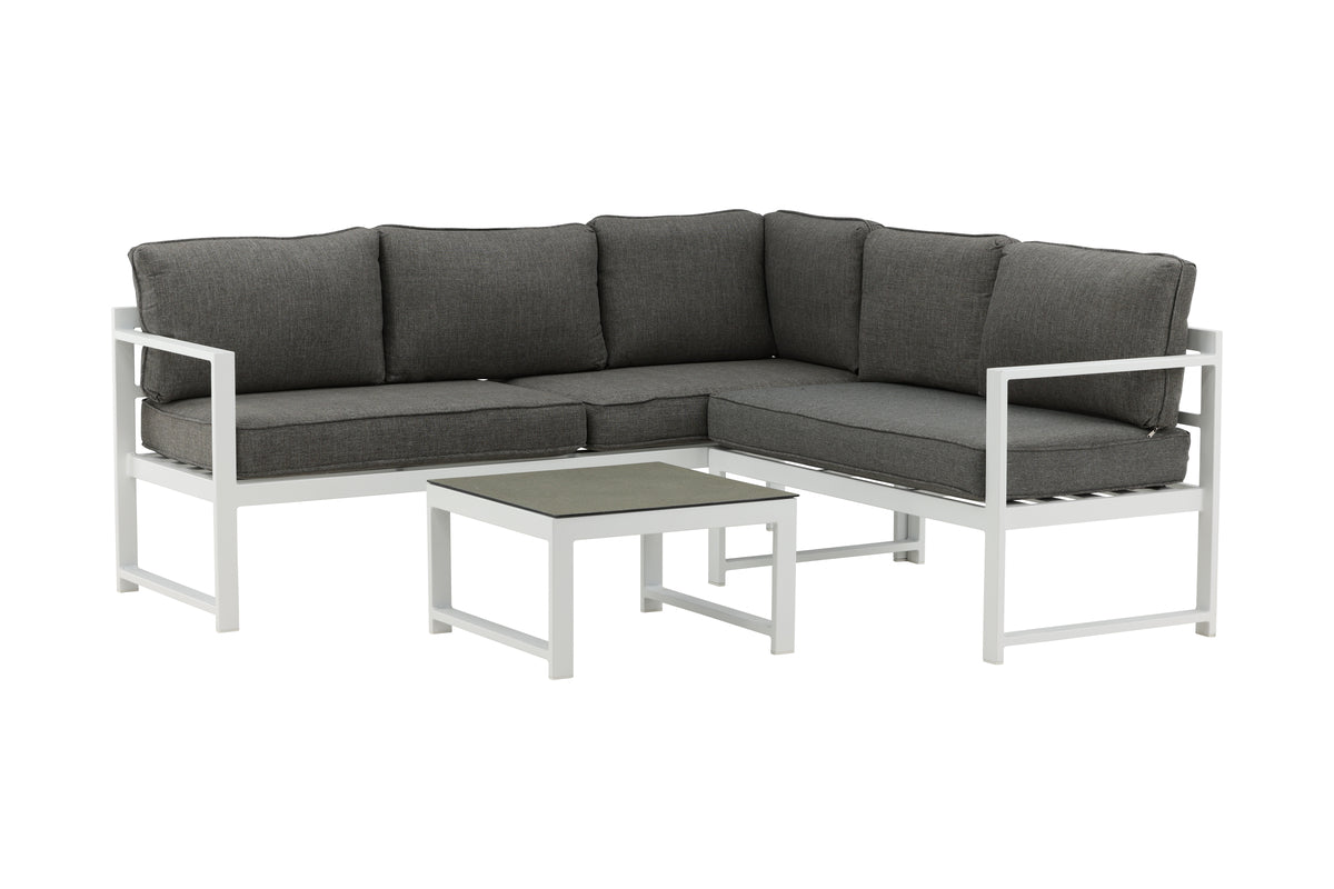 Ensemble lounge de jardin Tamara – en Gris avec plateau en verre pour terrasse et balcon