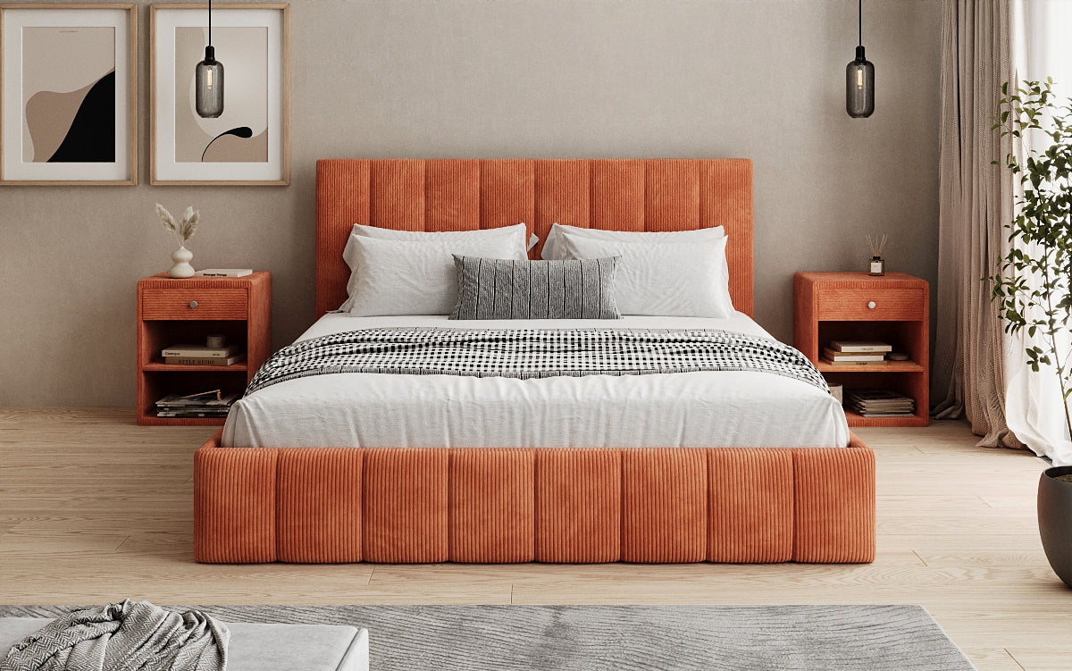 Designer gestoffeerd bed Mila in Ribstof met opbergruimte