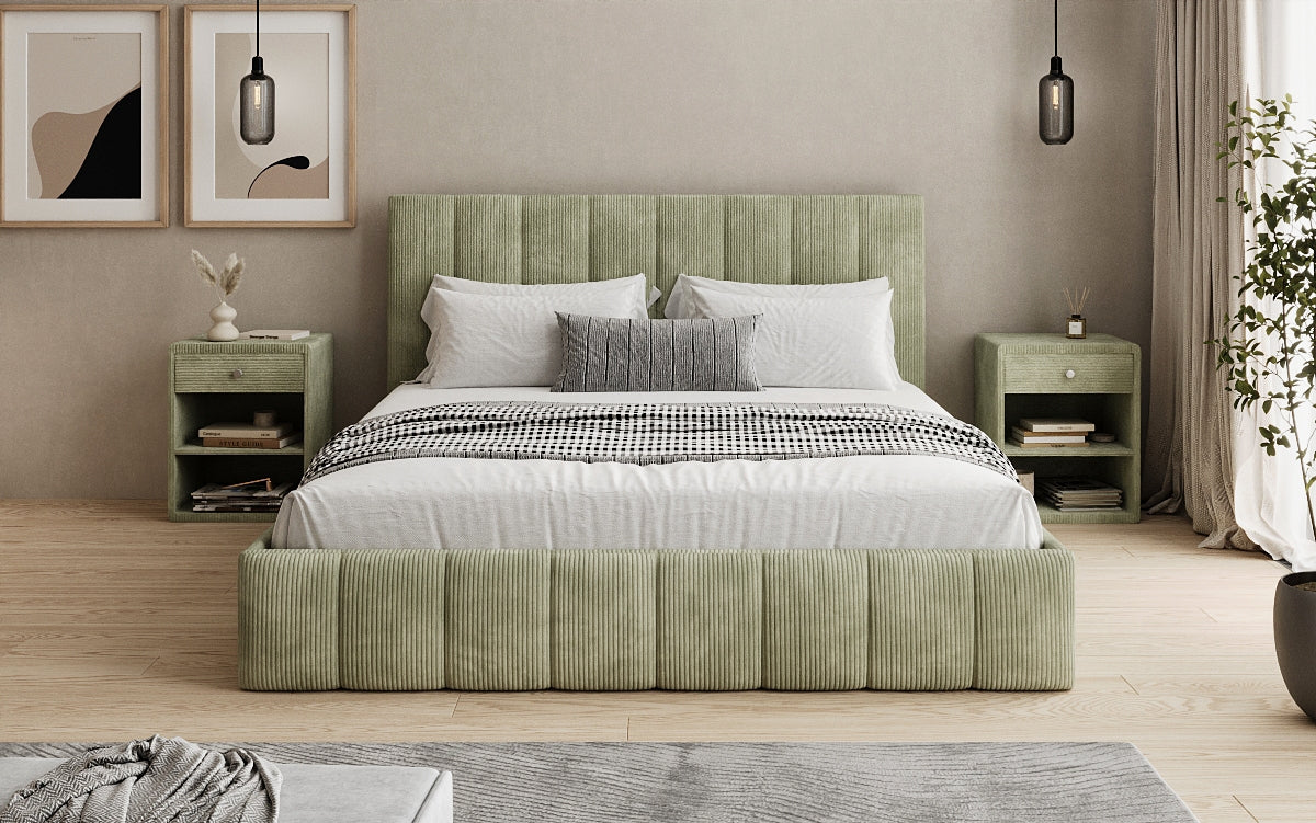 Designer gestoffeerd bed Mila in Ribstof met opbergruimte
