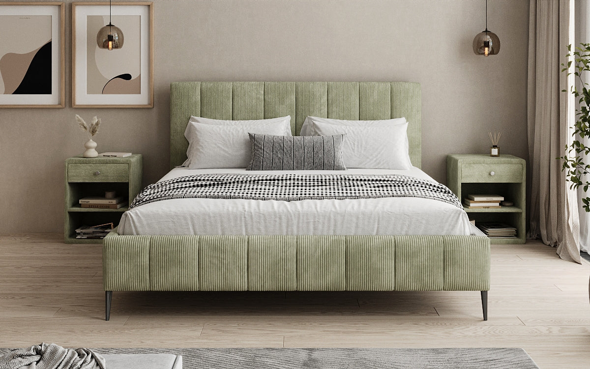 Designer gestoffeerd bed Astrid in Ribstof met opbergruimte