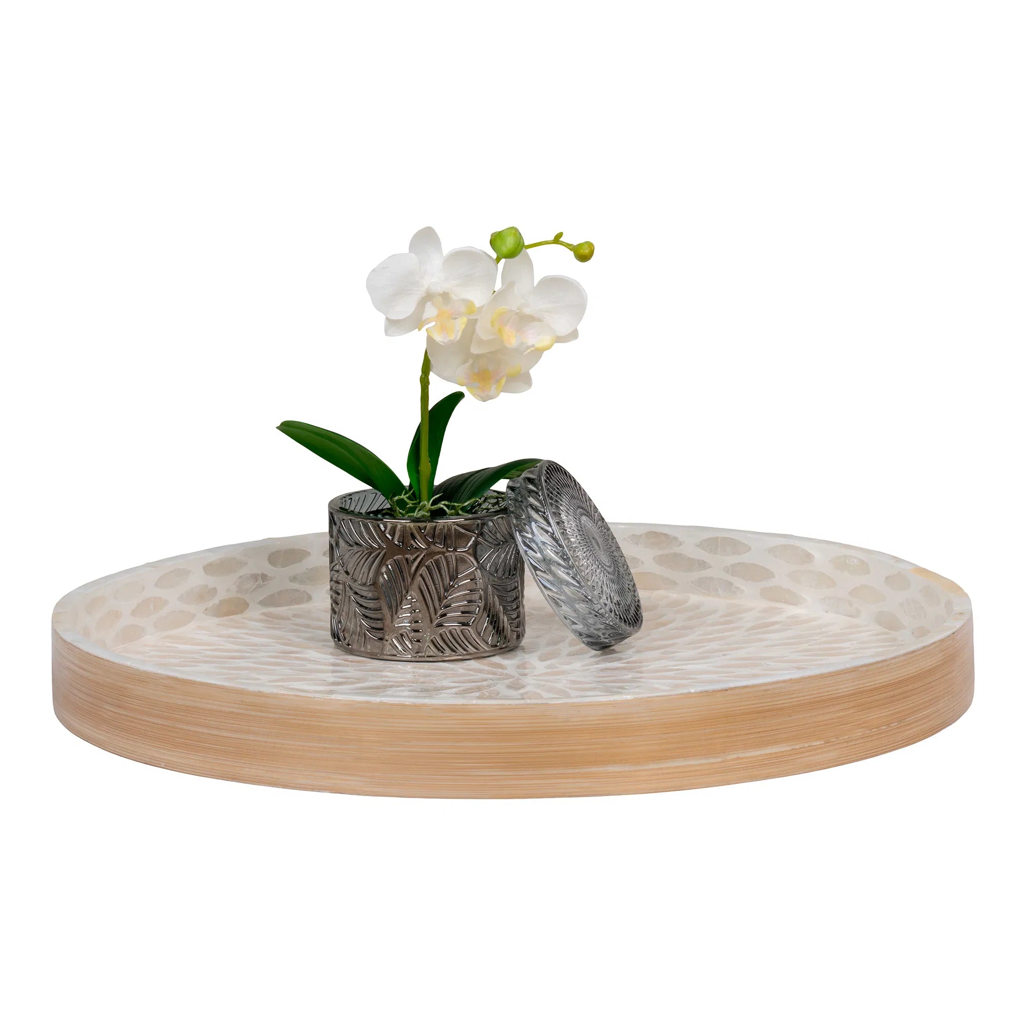 Tablet „Mavira“ – Rond bamboe-ontwerp met Capiz-oppervlak