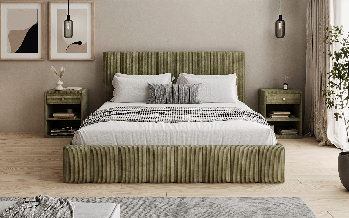 Designer gestoffeerd bed Mila in Ribstof met opbergruimte