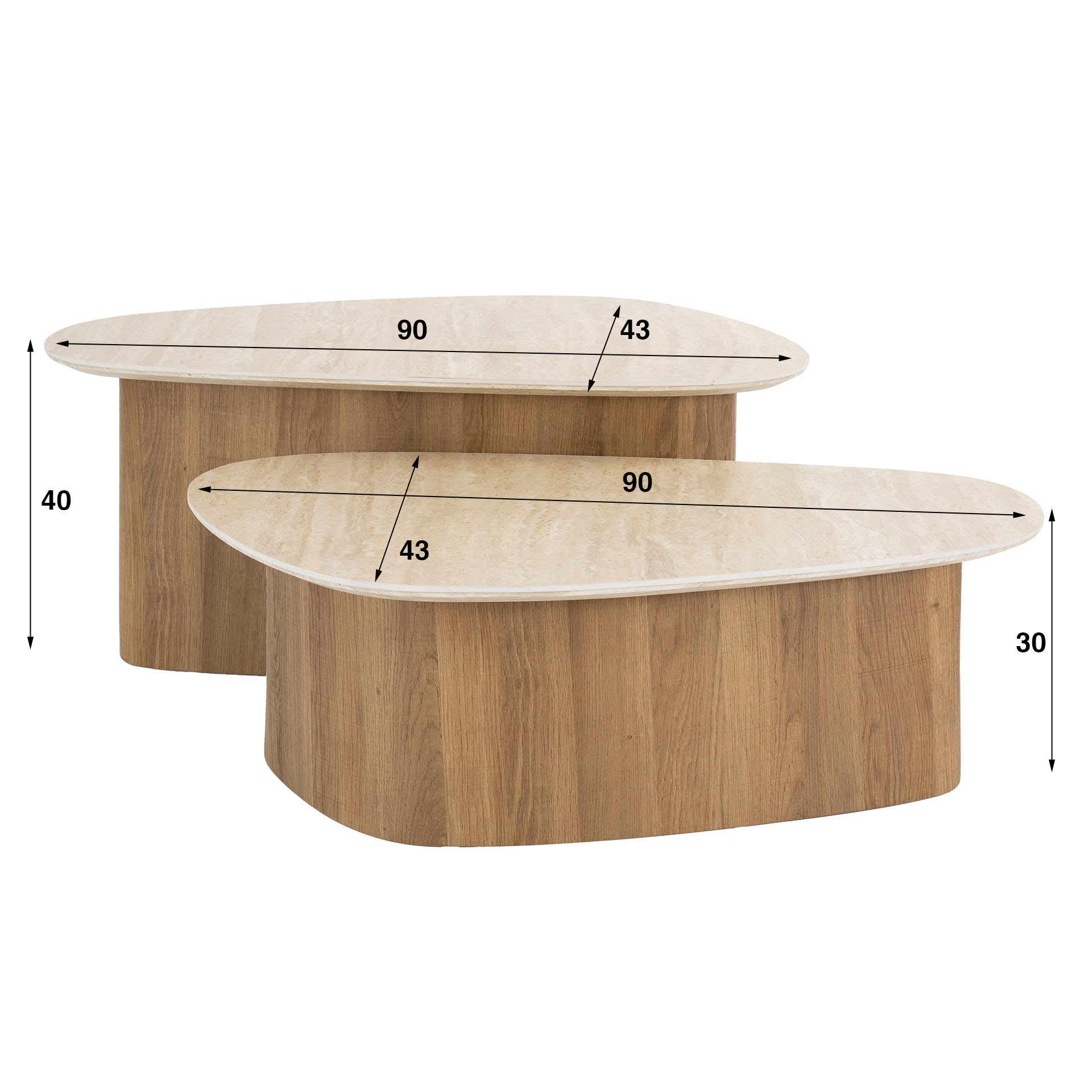 Salontafel Sorelia - 2-delige set met keramische plaat in travertijnlook en driehoekige vorm