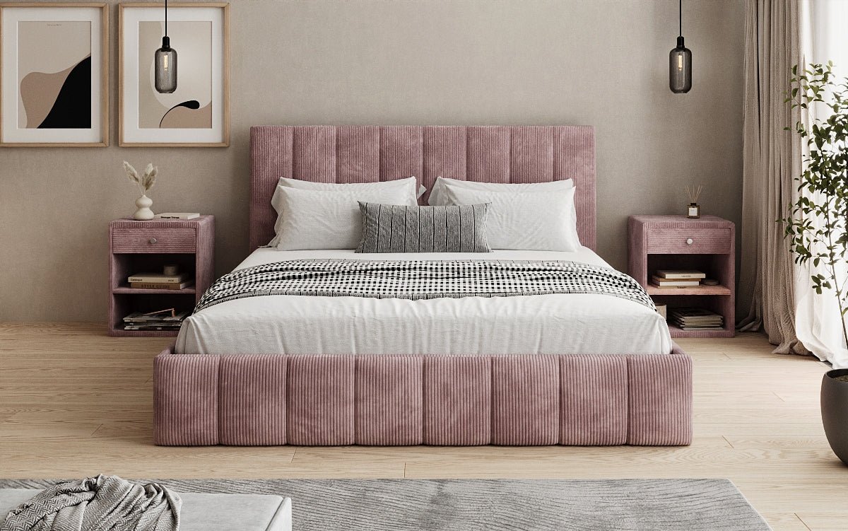 Designer gestoffeerd bed Mila in Ribstof met opbergruimte
