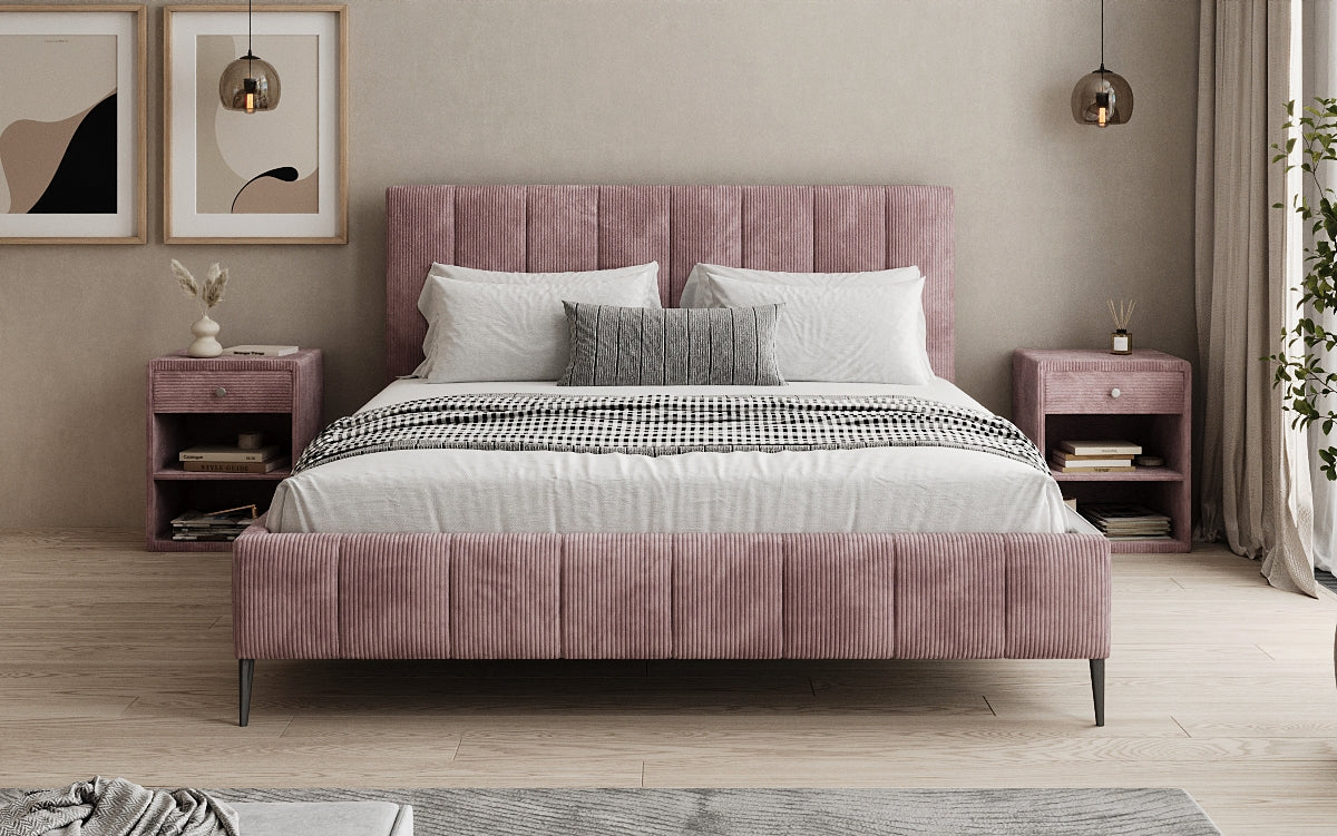 Designer gestoffeerd bed Astrid in Ribstof met opbergruimte