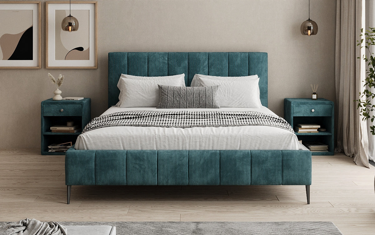 Designer gestoffeerd bed Astrid in Ribstof met opbergruimte