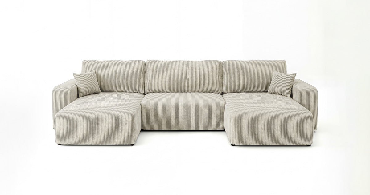 Designbank Noma U met slaapfunctie en opbergruimte in Ribstof
