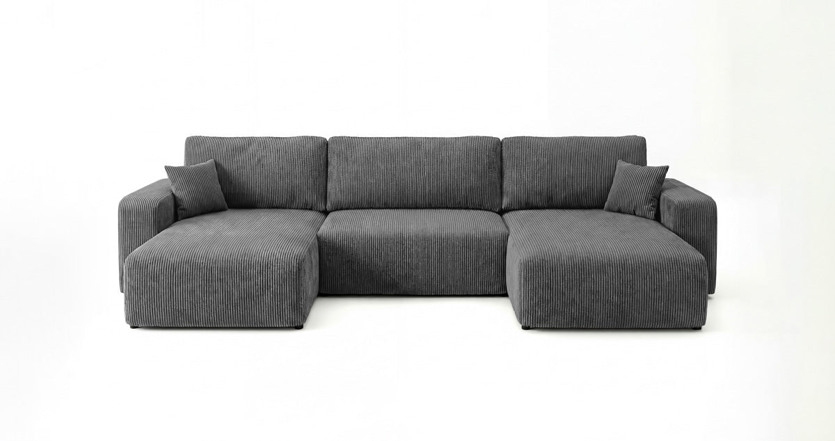 Designbank Noma U met slaapfunctie en opbergruimte in Ribstof