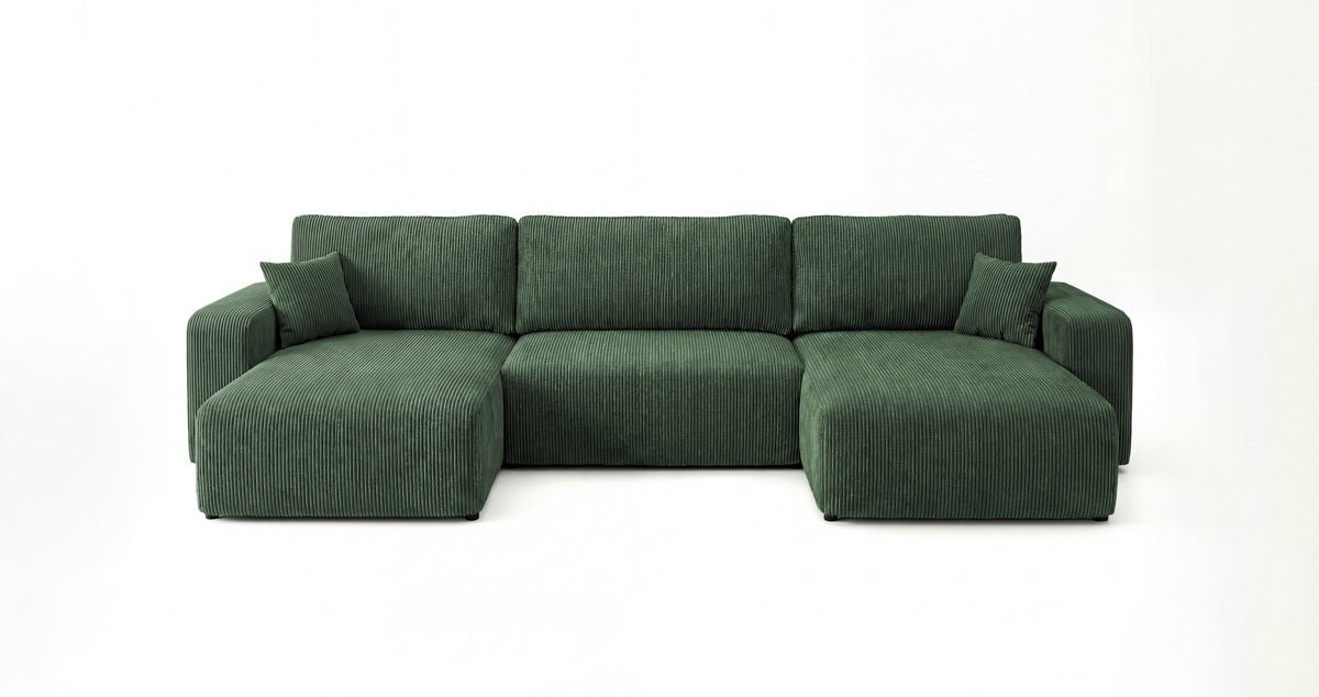 Designbank Noma U met slaapfunctie en opbergruimte in Ribstof