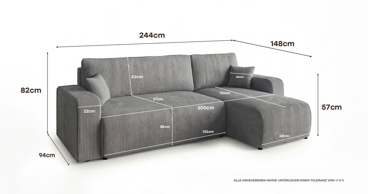 Designer Sofa Calva mit Schlaf- und Klappfunktion in Cord