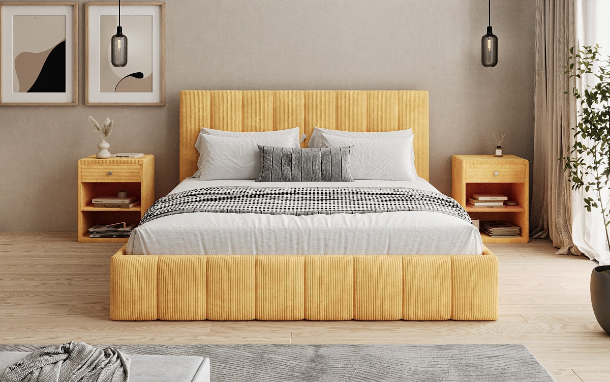 Designer gestoffeerd bed Mila in Ribstof met opbergruimte