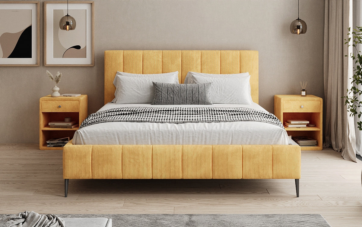Designer gestoffeerd bed Astrid in Ribstof met opbergruimte