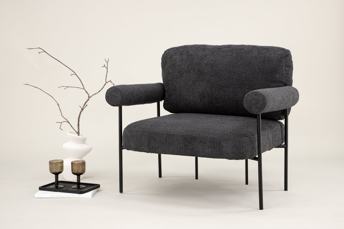 Designer loungestoel Arvika – Antraciet, Bouclé met stalen frame
