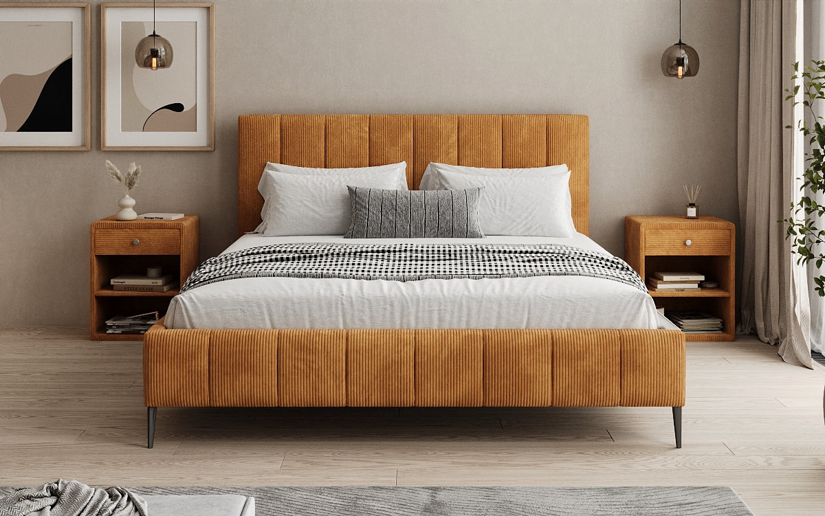 Designer gestoffeerd bed Astrid in Ribstof met opbergruimte