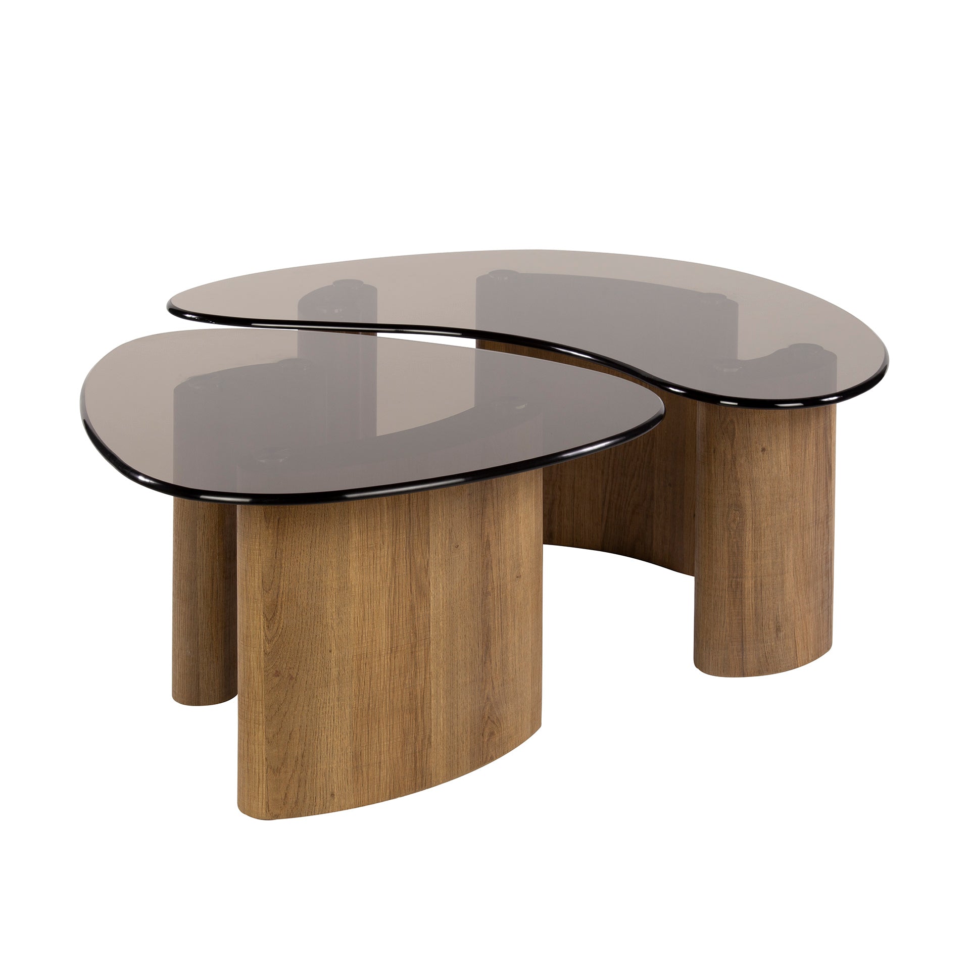 Salontafel Aurora - set van 2 met tafelblad van rookglas en frame in eikenlook