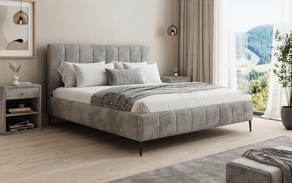 Designer gestoffeerd bed Astrid in Ribstof met opbergruimte