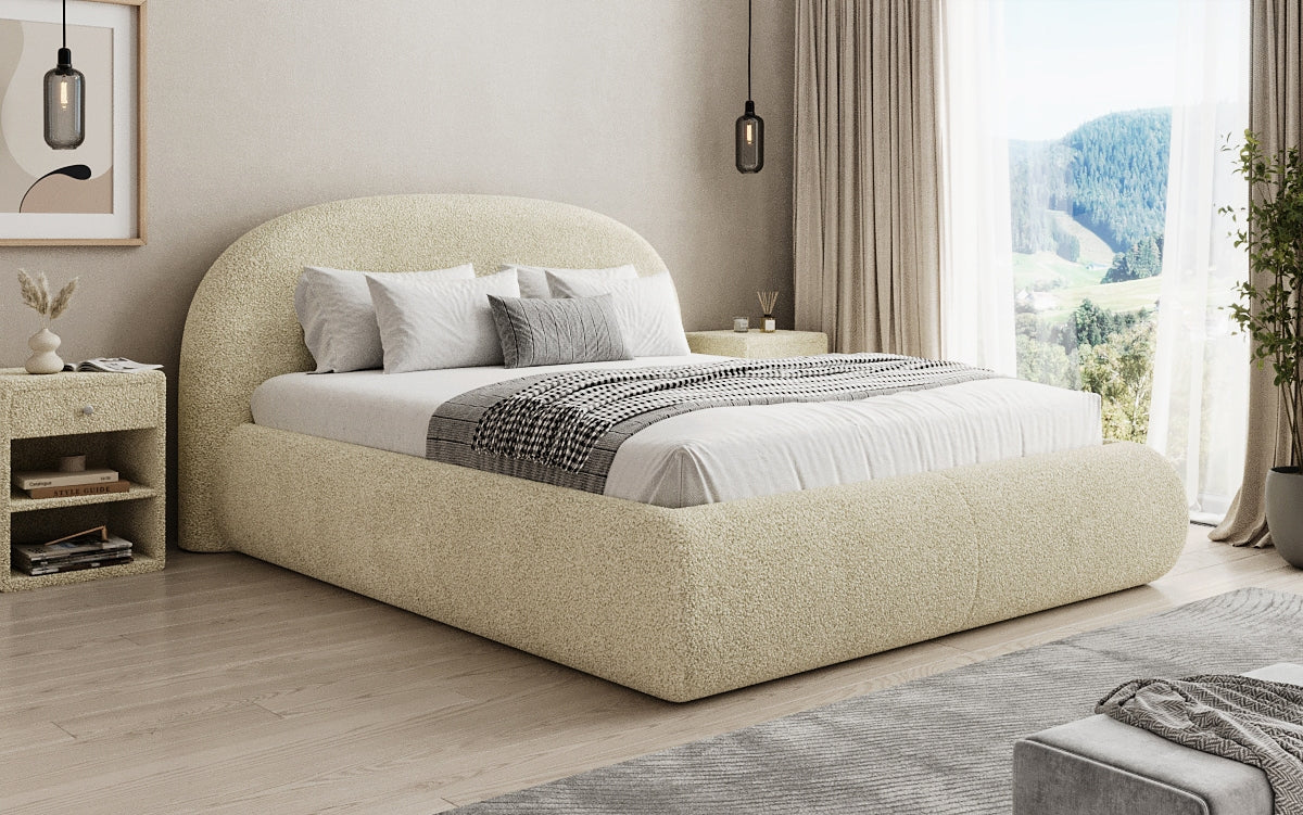Designer Polsterbett Loop in Teddy Bouclé mit Stauraum