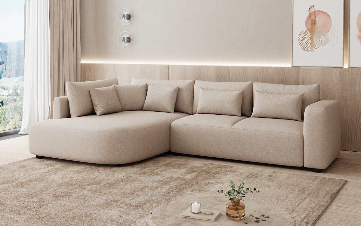 Designer Ecksofa Ando mit breiter Ottomane in Strukturstoff
