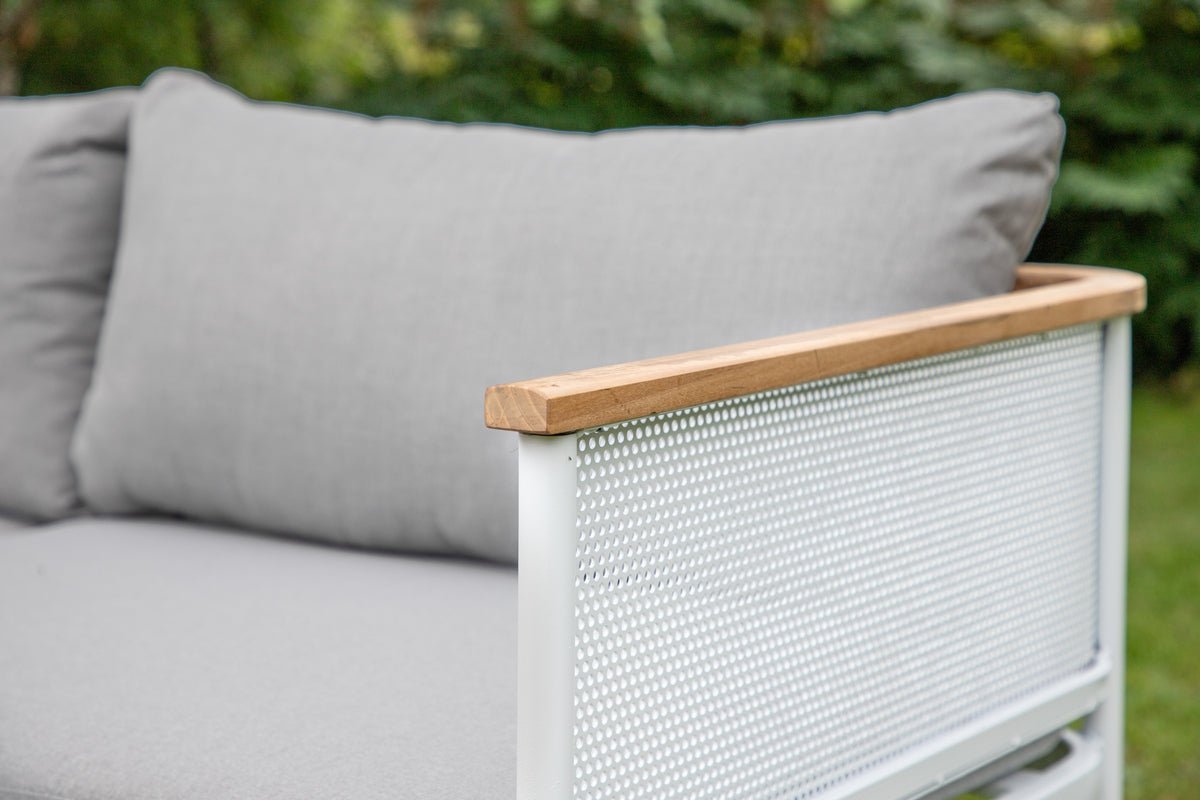 Ensemble lounge de jardin Luana – en Blanc & Noir avec table en teck et coussins