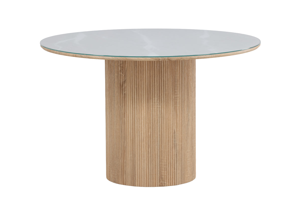 Table à manger Orlén – Table à manger design ronde Ø120 cm avec plateau en verre et pied rainuré