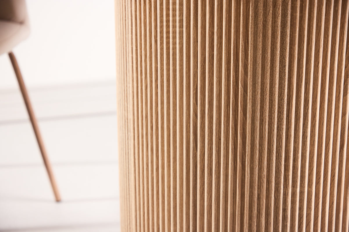 Table à manger Orlén – Table à manger design ronde Ø120 cm avec plateau en verre et pied rainuré