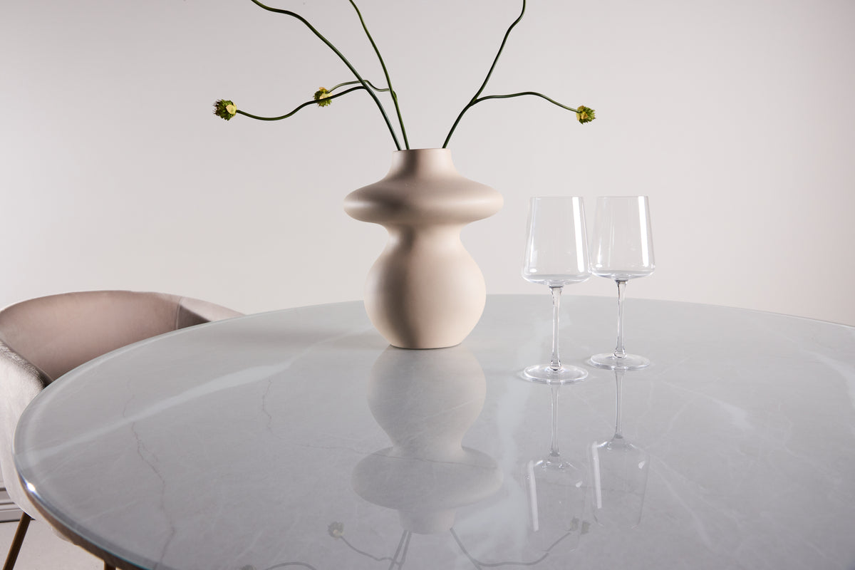 Table à manger Orlén – Table à manger design ronde Ø120 cm avec plateau en verre et pied rainuré