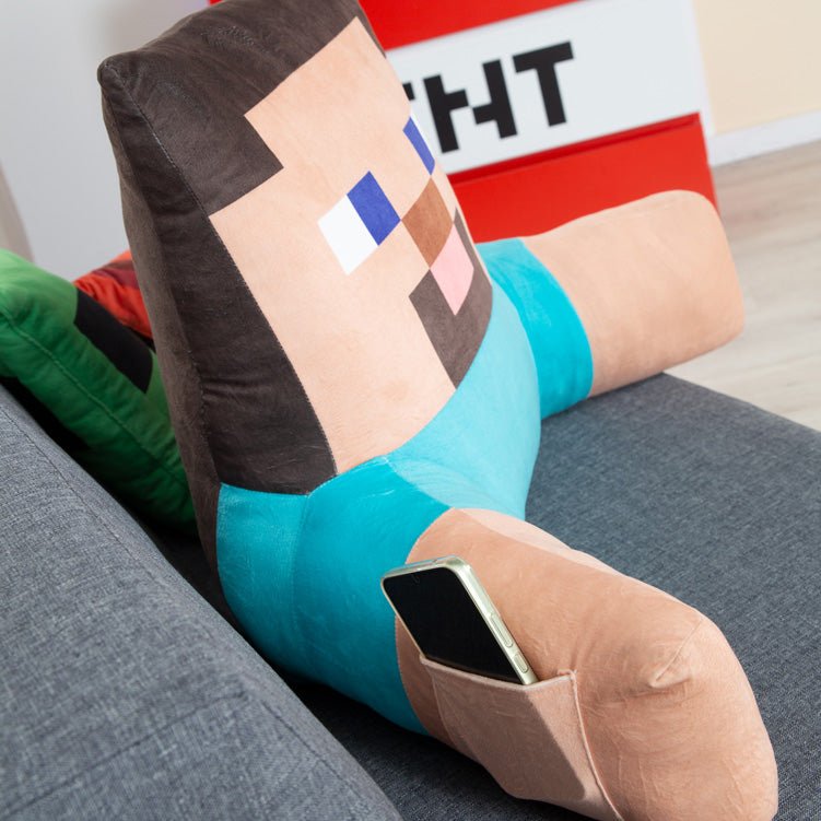 Minecraft Coussin de lecture « Steve » – Coussin relax avec support dorsal et accoudoirs