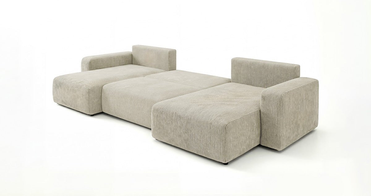 Designbank Noma U met slaapfunctie en opbergruimte in Ribstof
