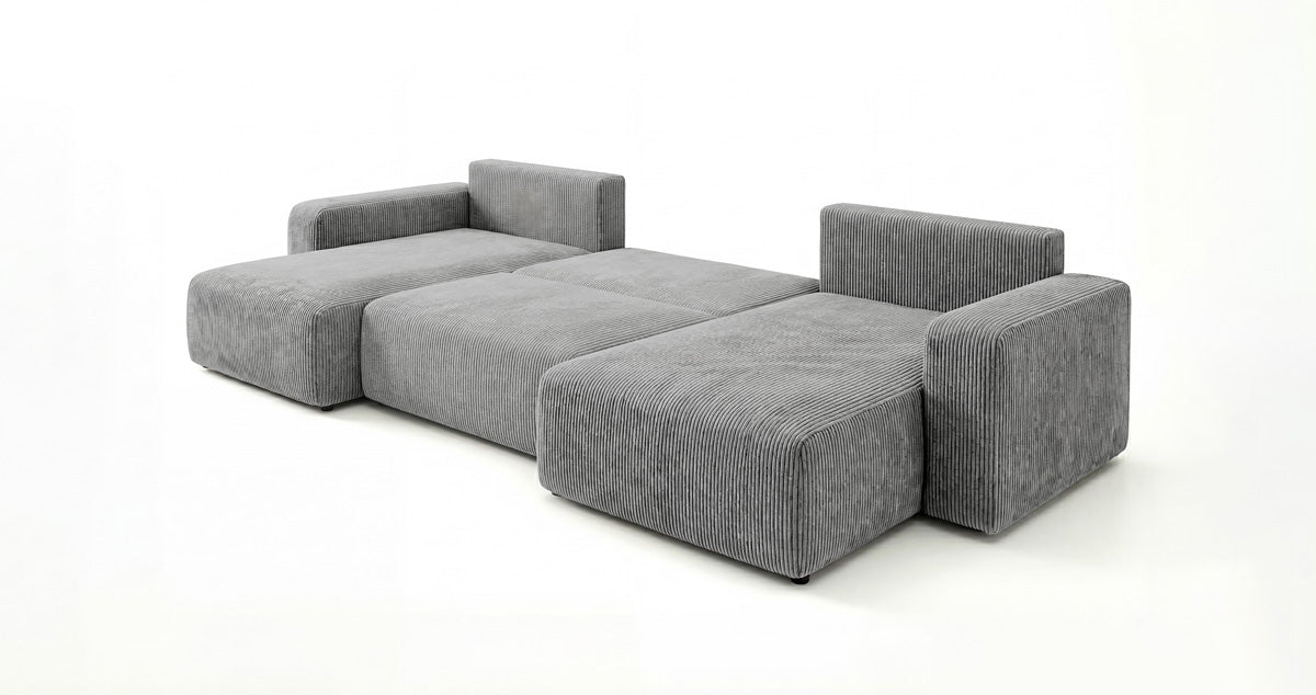 Designbank Noma U met slaapfunctie en opbergruimte in Ribstof