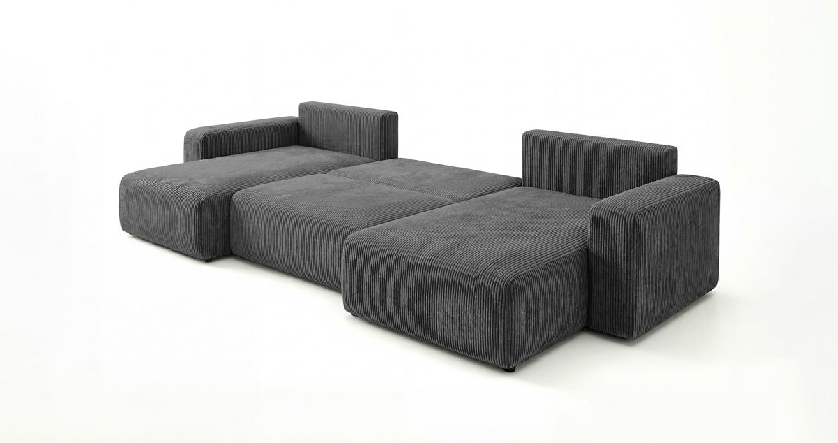 Designbank Noma U met slaapfunctie en opbergruimte in Ribstof
