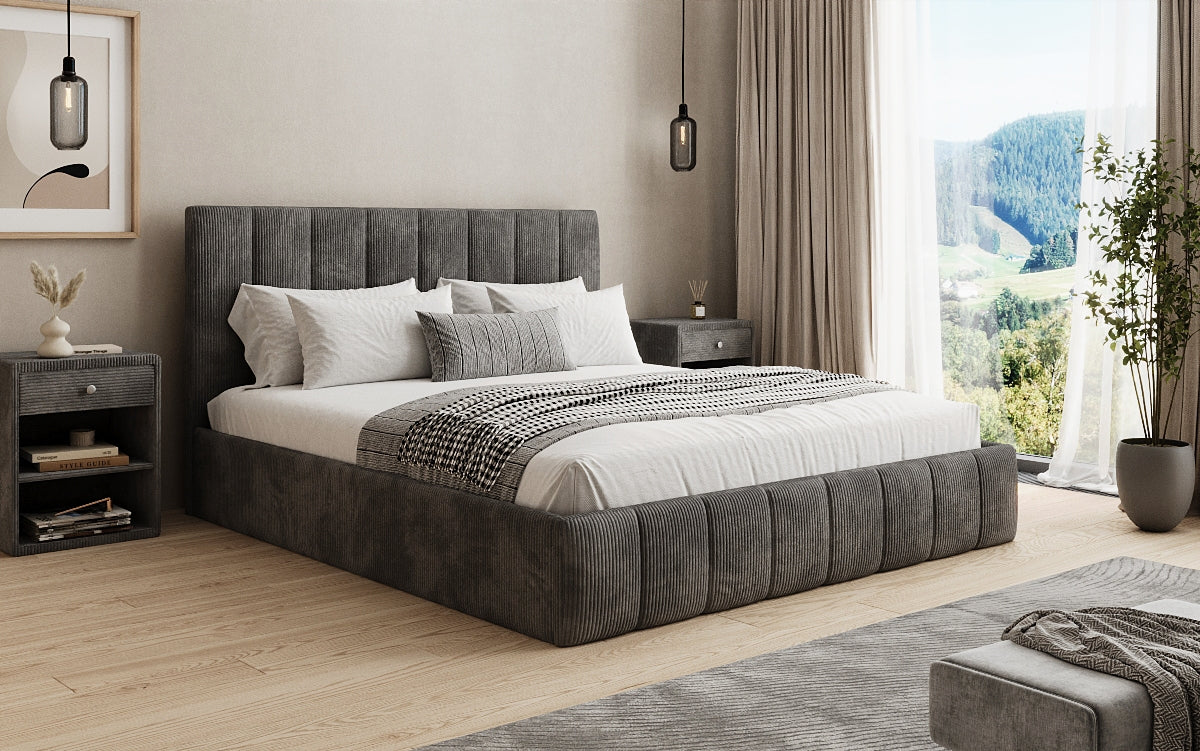 Designer gestoffeerd bed Mila in Ribstof met opbergruimte