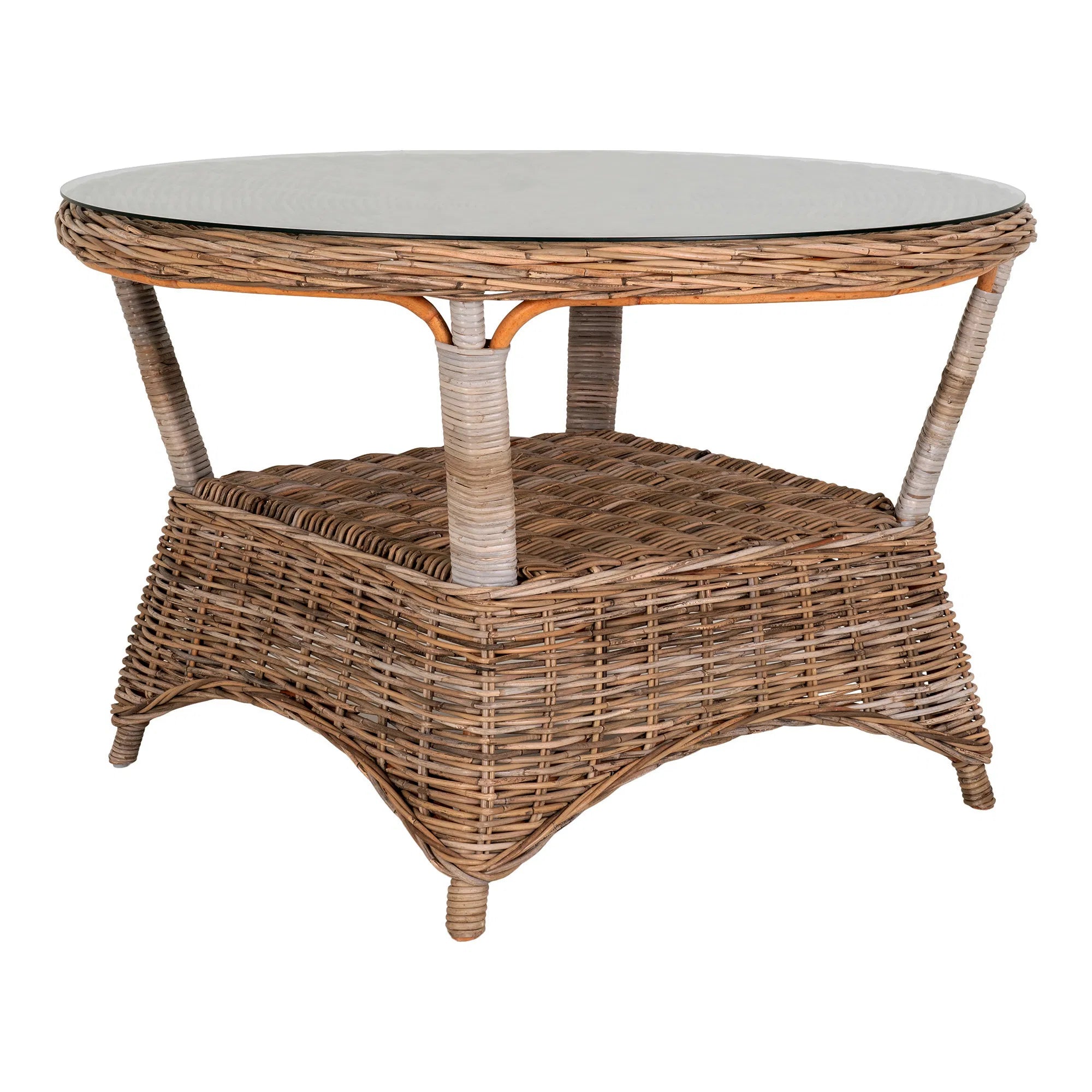 Table de jardin Larissa – Rattan, acier & verre, Ø120 cm