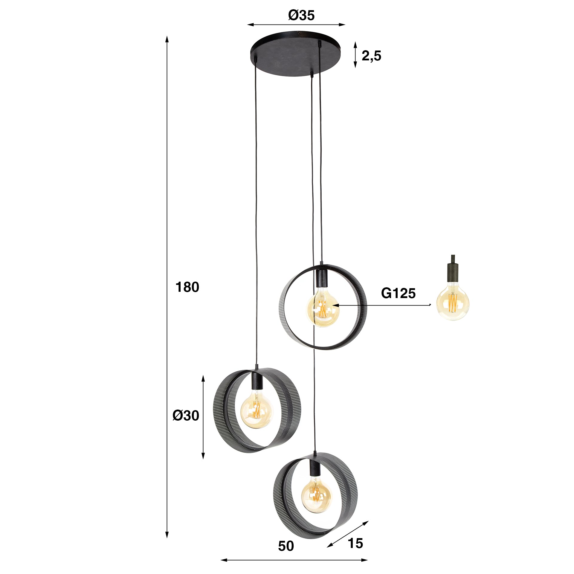 Suspension « Sorelia » – Étagée avec 3 lampes et abat-jours en anneau perforé en anthracite