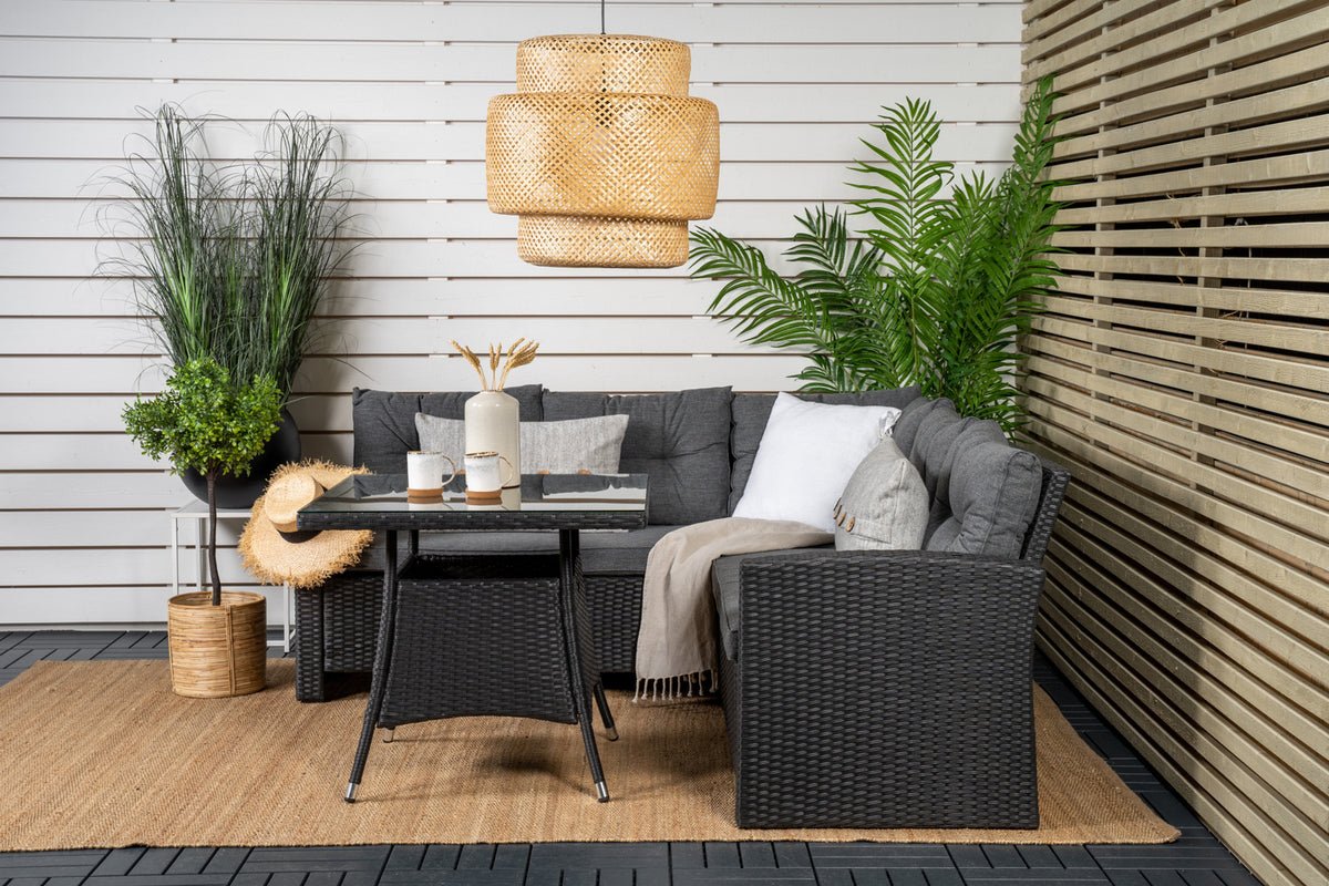 Tuin Loungeset Olivia – met hoekbank & glazen salontafel in twee kleuren