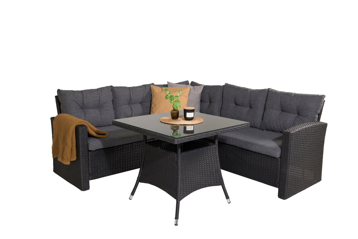 Tuin Loungeset Olivia – met hoekbank & glazen salontafel in twee kleuren