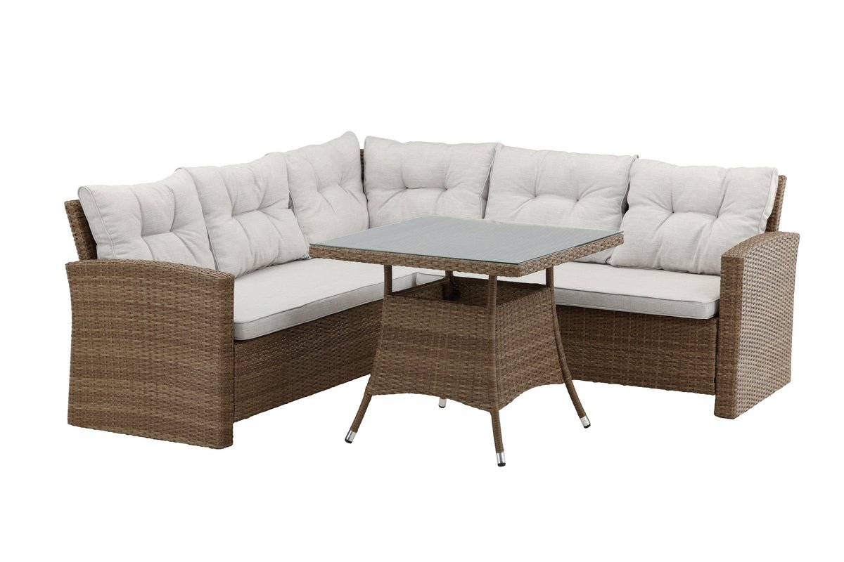 Tuin Loungeset Olivia – met hoekbank & glazen salontafel in twee kleuren