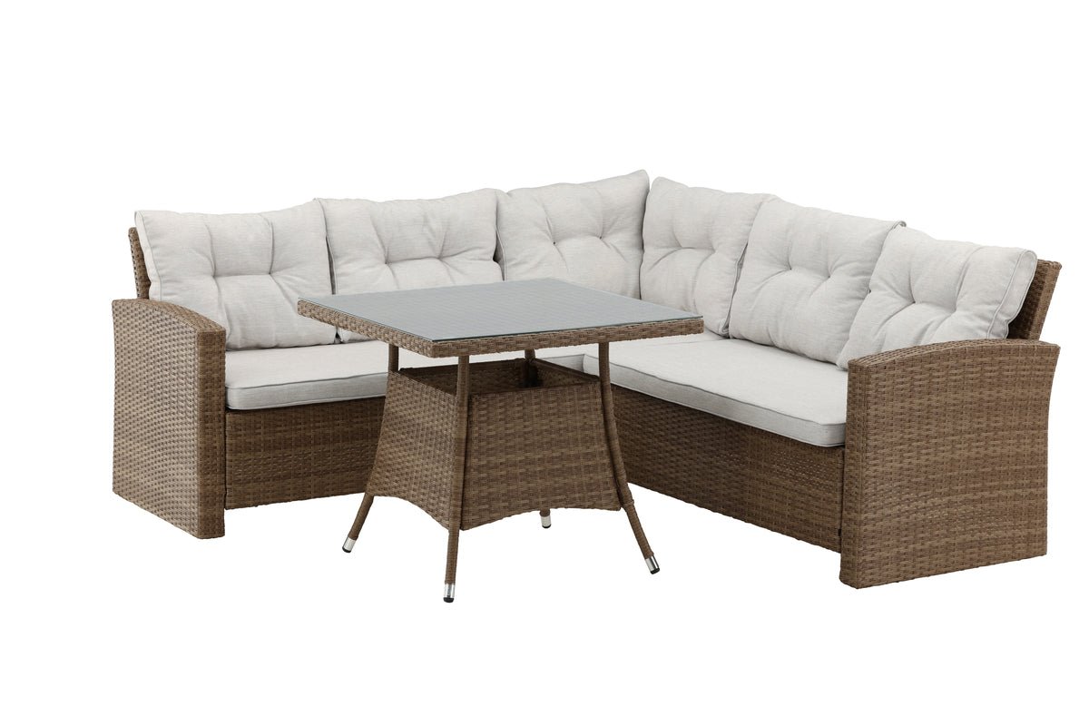 Tuin Loungeset Olivia – met hoekbank & glazen salontafel in twee kleuren