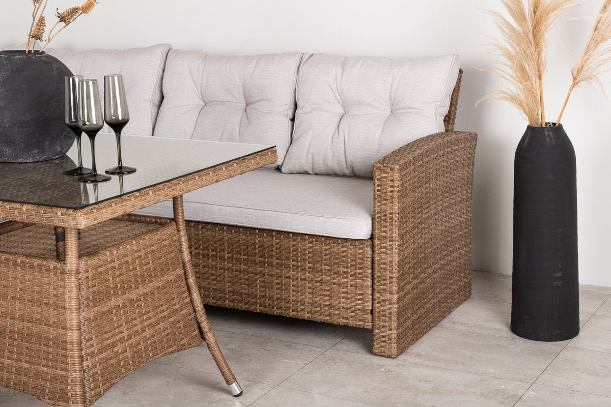 Tuin Loungeset Olivia – met hoekbank & glazen salontafel in twee kleuren