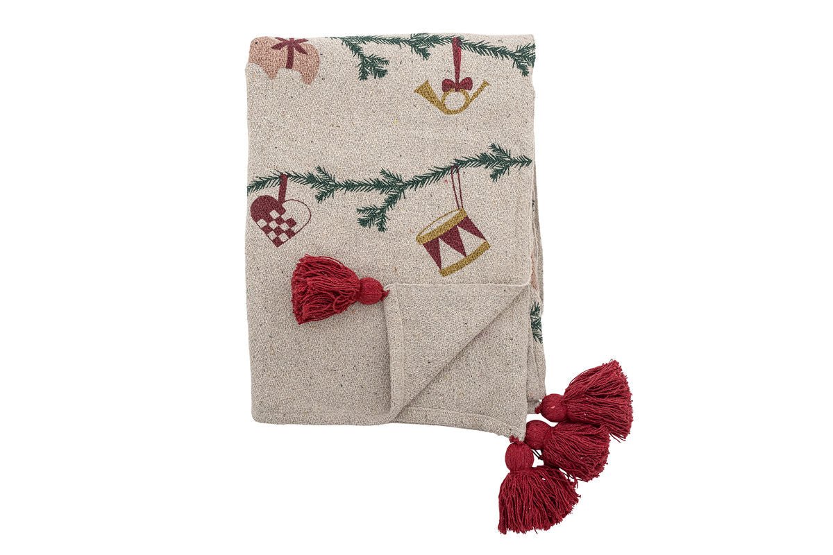 Plaid Aila - Naturel/Rood, van gerecycled katoen, met kerstmotieven