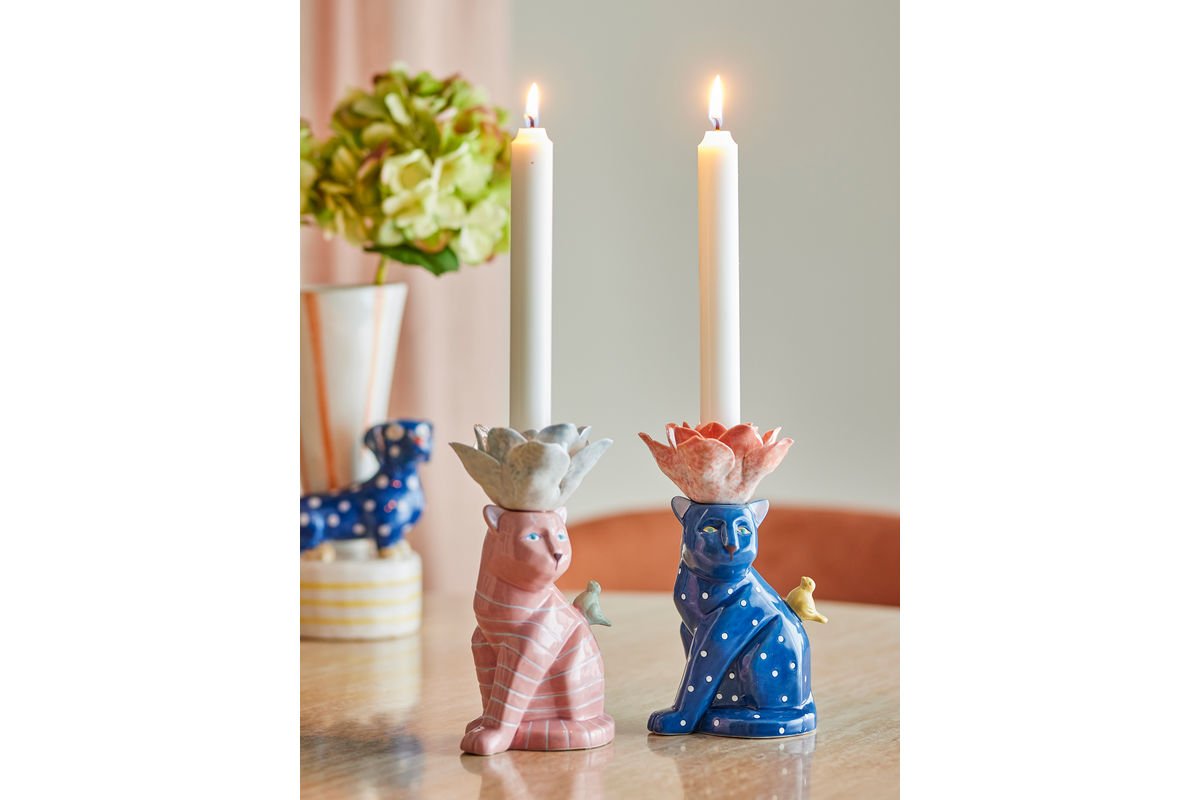 Bougeoir Felinea – motif chat avec glaçure réactive (lot de 2)