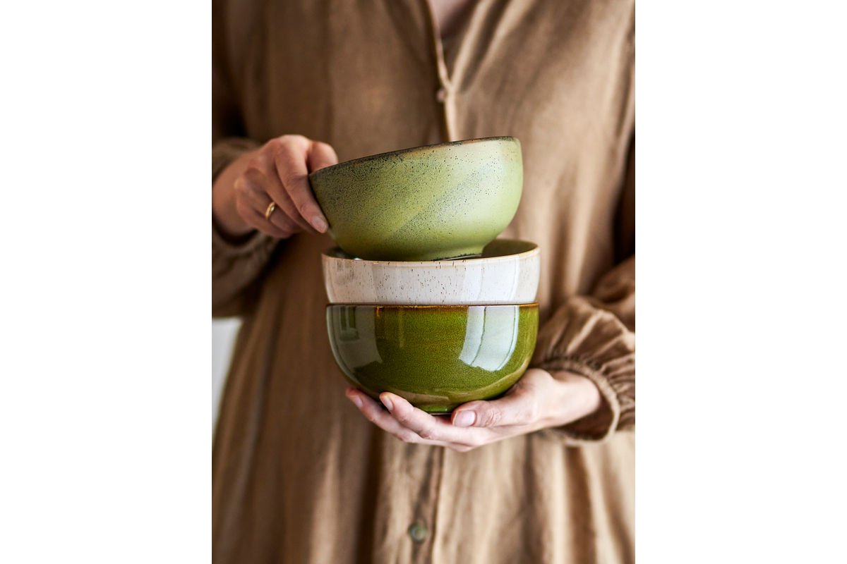 Kom Livia – van steengoed, set van 3 in groen met reactieve glazuur