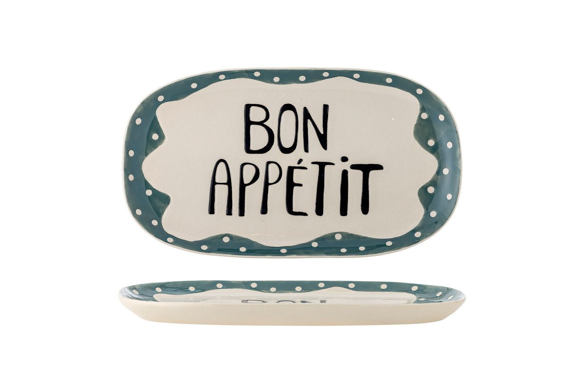 Plateau de service Sola – assiette en grès peinte à la main avec détail « Bon Appétit »