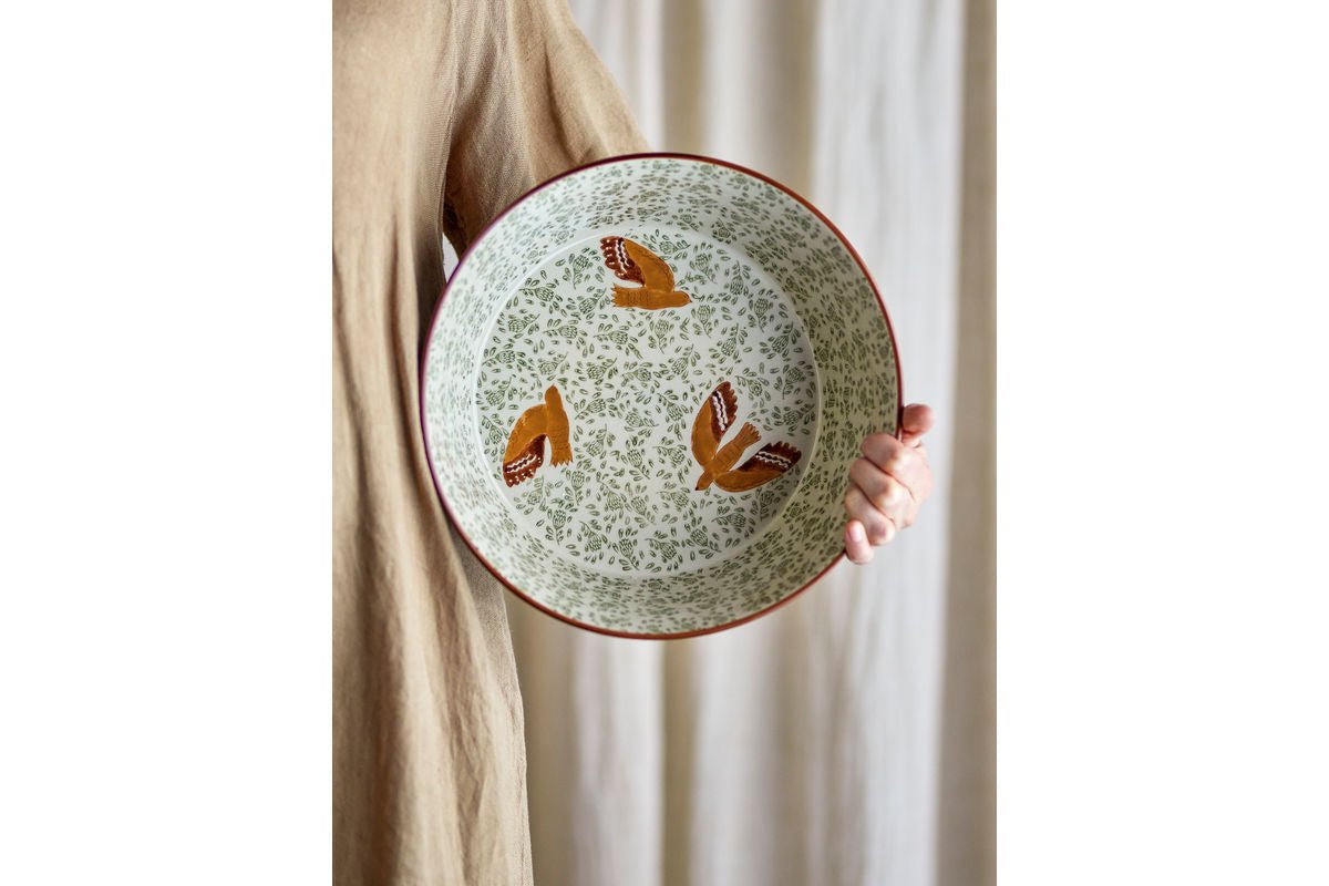 Bol Hania – bol en grès peint à la main en Vert avec motif d'oiseau