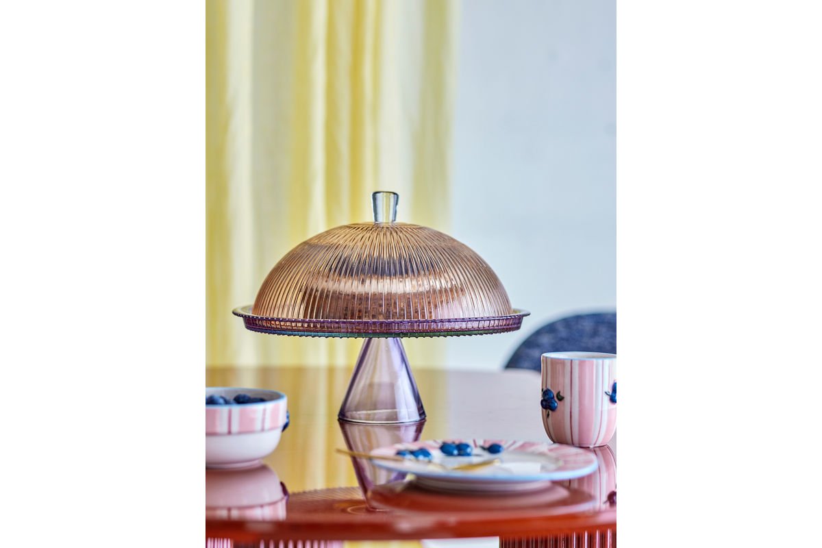 Assiette à gâteau Liréa avec cloche en verre – dégradé avec fine nervure