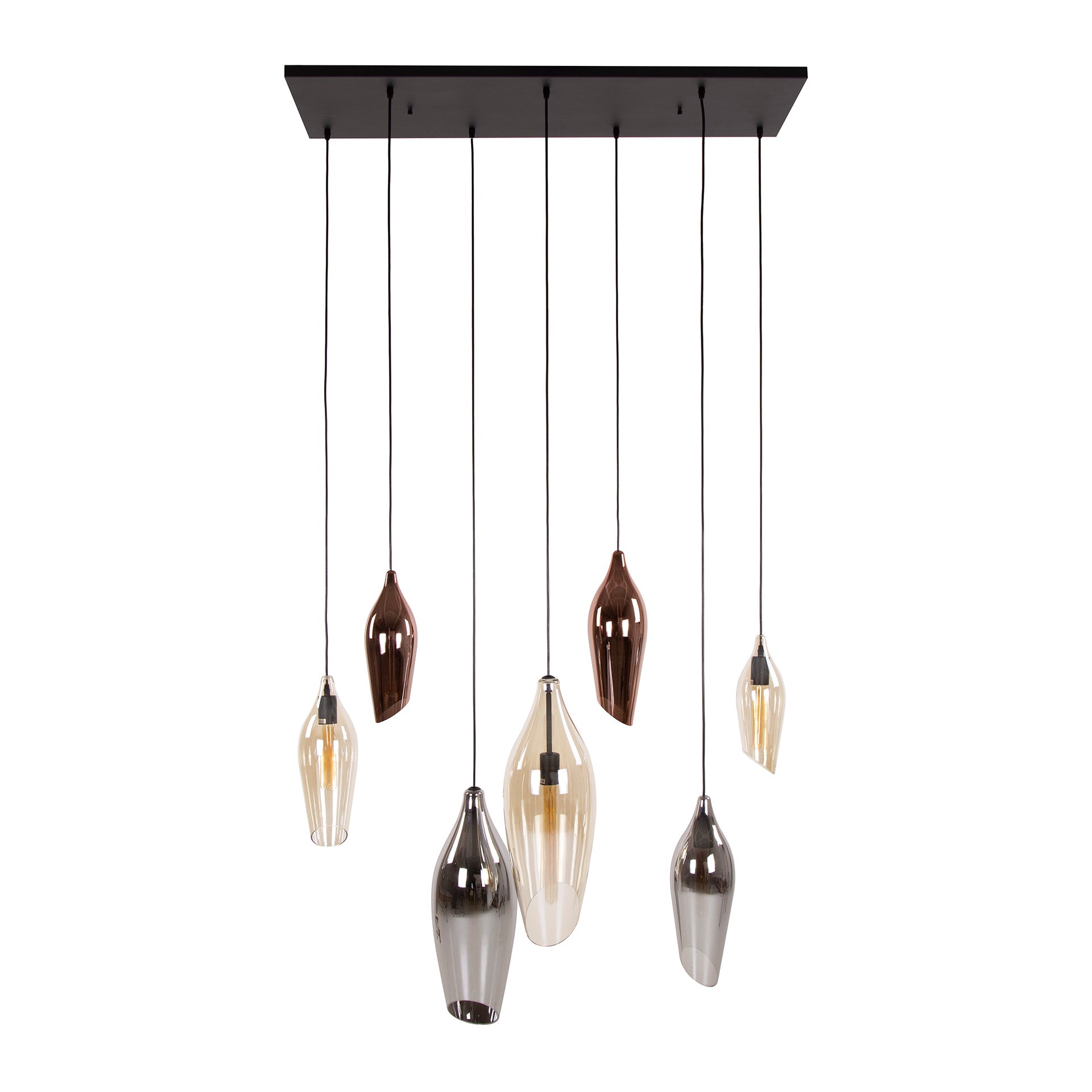 Suspension "Thalira" – 7 abat-jours en verre en ambre, cuivre et chrome avec armature en métal