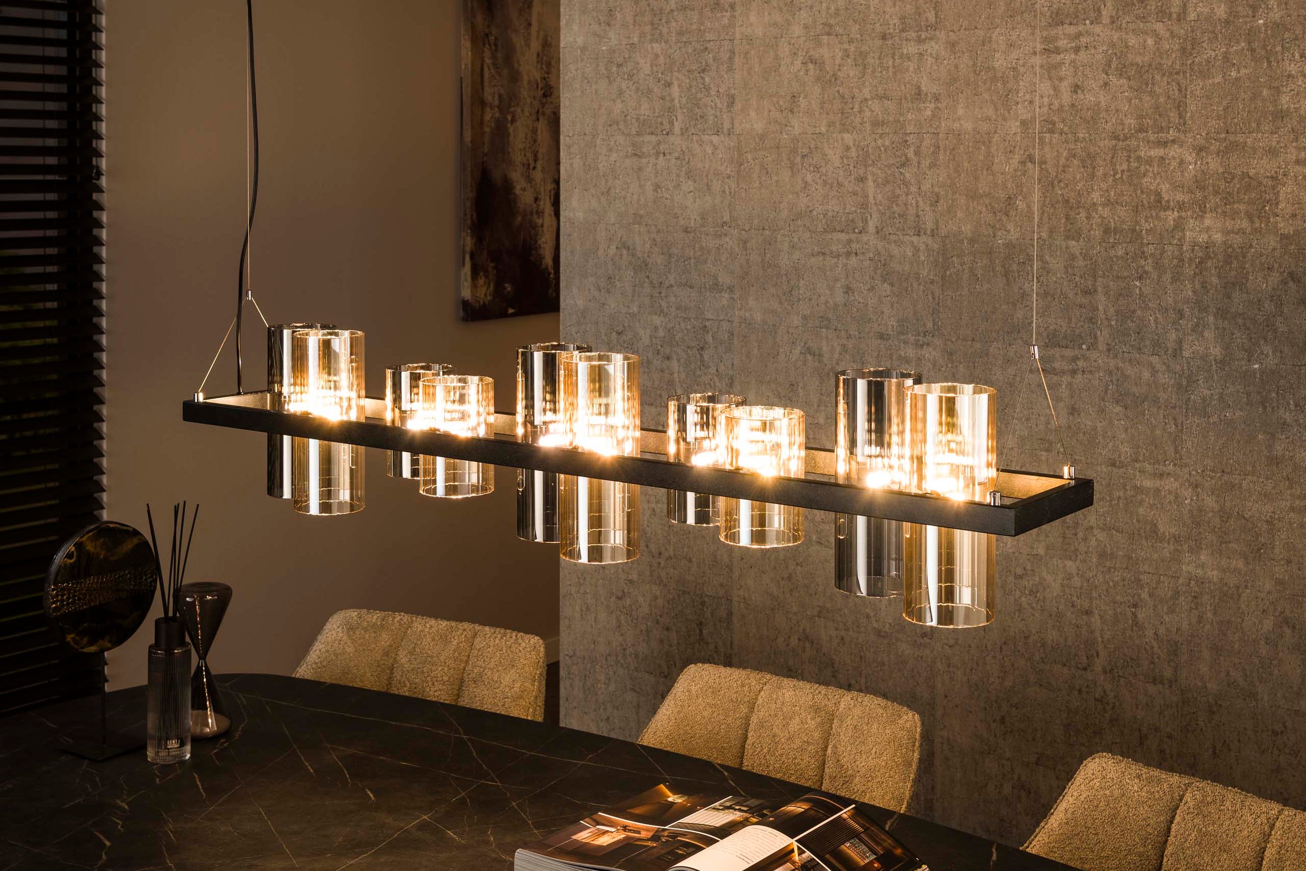 Hanglamp "Calivon" – 10 cilindervormige glazen kappen in barnsteen- en chroomlook