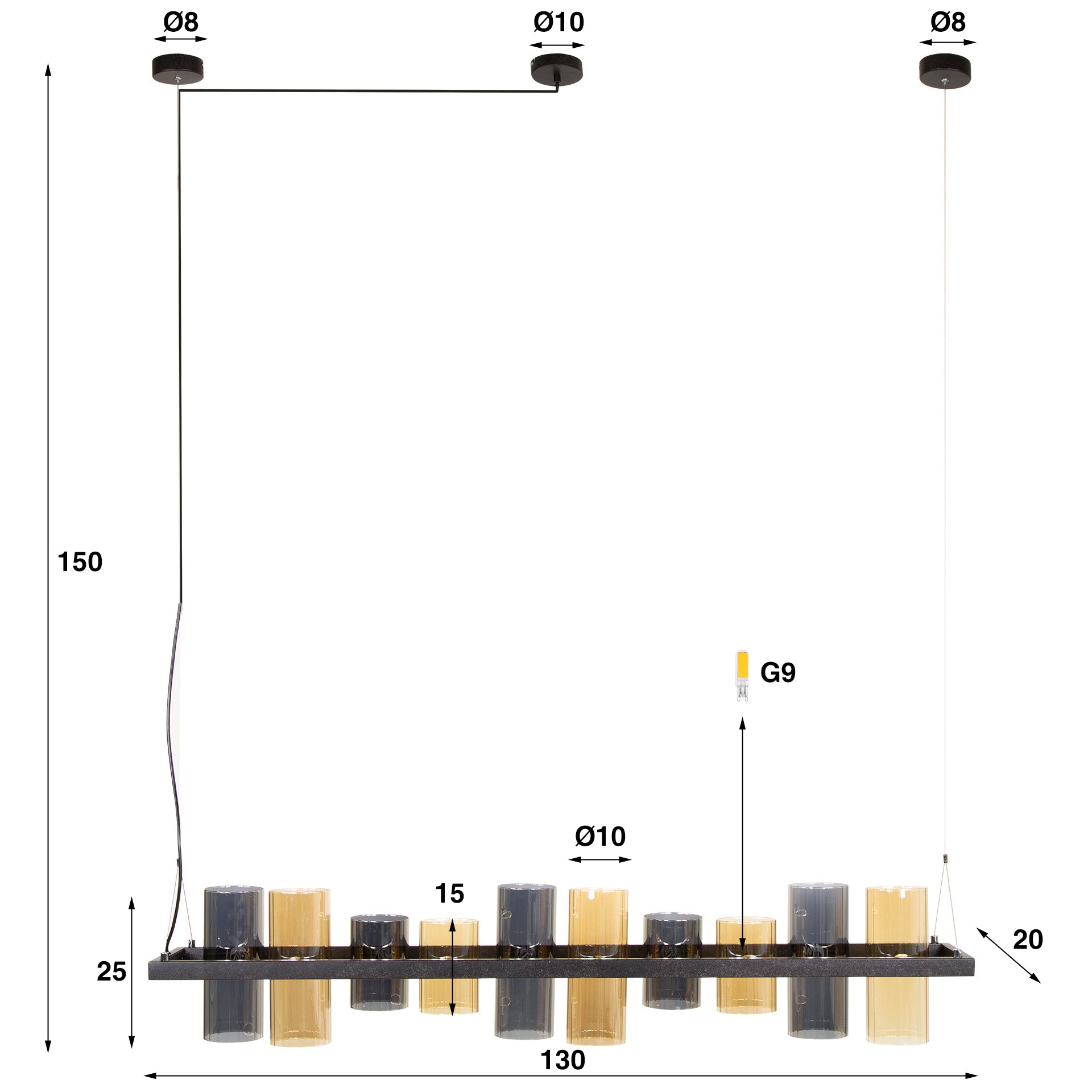 Suspension "Calivon" – 10 abat-jours cylindriques en verre aux finitions ambre et chrome