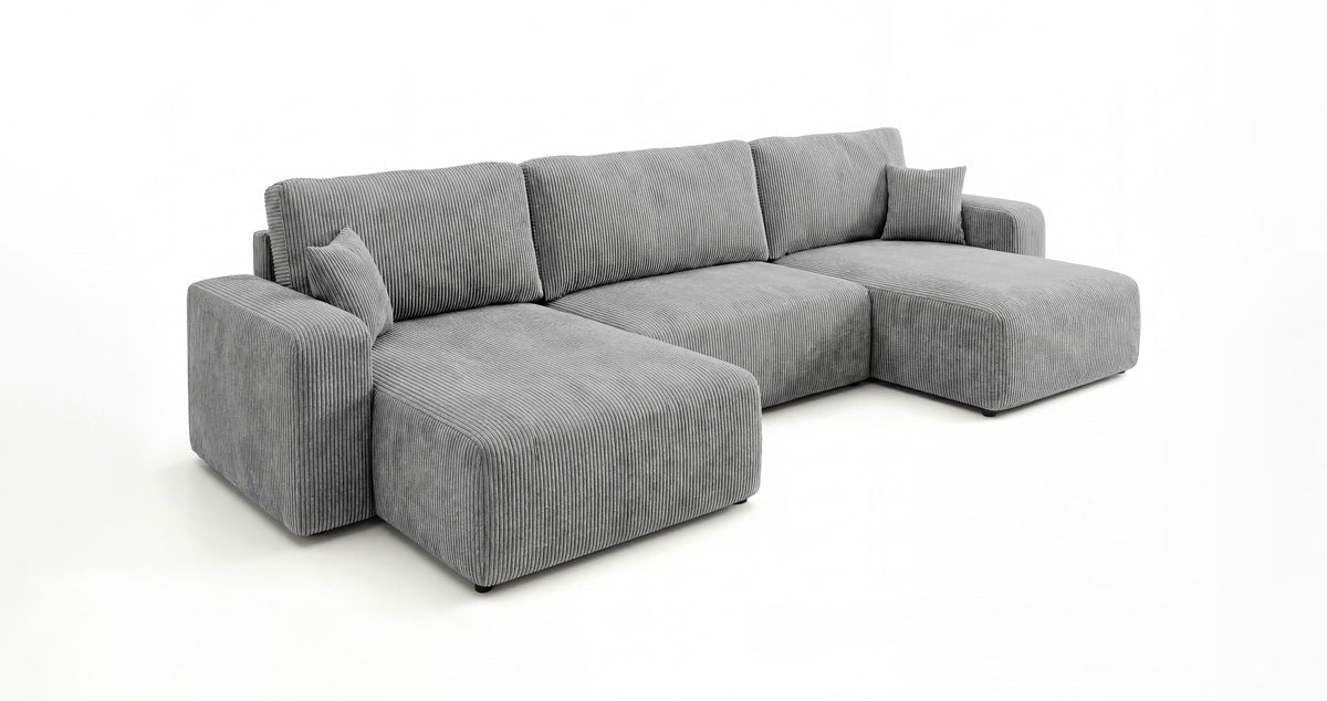 Designbank Noma U met slaapfunctie en opbergruimte in Ribstof